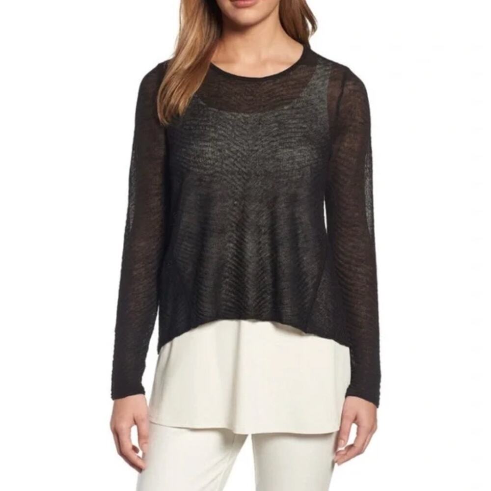 Eileen Fisher Black Hemp Sheer Knit High Low Pullover Sweater Top Size M